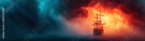 Pirate Ocean Mystical concept. Dramatic seascape with a ship amidst vivid stormy clouds.