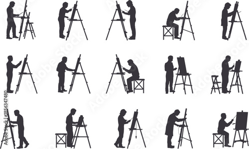 Sixteen creative artist silhouettes painting and drawing at easels with diverse postures, studio art illustration design for stock imagery