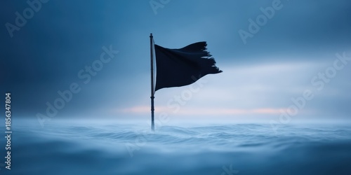 Pirate Ocean Mystical concept. Flag submerged in calm waters under a moody sky.