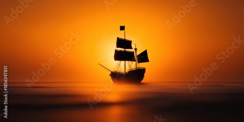 Pirate Ocean Mystical concept. Silhouette of a ship against a vibrant sunset backdrop.