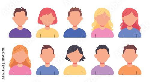 A diverse group of ten cartoon people with different hair colors and styles are shown in two rows against a plain white background silhouette