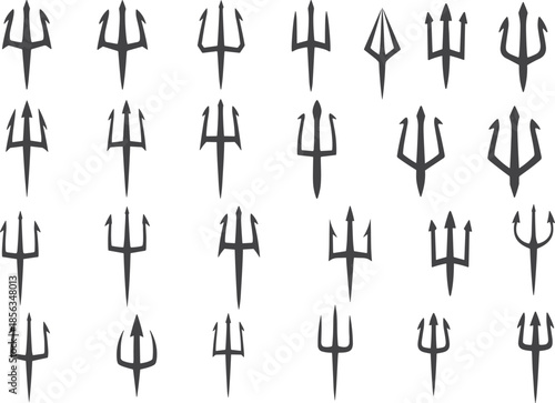 Collection of twenty‑five stylized trident icons with diverse prong shapes and artistic silhouettes, mythological Neptune Poseidon weapon symbol illustration design