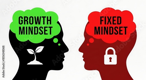 Growth mindset versus fixed mindset concept with human head silhouettes
