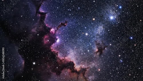 A mesmerizing journey through the cosmic expanse, revealing the vibrant colors and intricate structures of a distant nebula, with countless stars twinkling in the background.