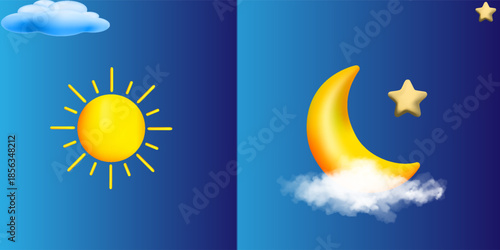 3d bright sun and crescent moon with stars on a gradient background symbolizing daytime and nighttime. 3d rendering. Vector illustration