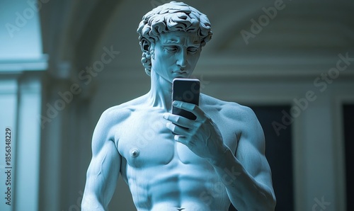 Sculpture of David using a cellphone to text or engage on social media. This modern twist on a classical statue highlights the fusion of art and technology in the digital age, Generative AI