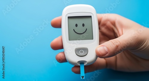 Blood glucose meter with smile icon representing healthy sugar level
