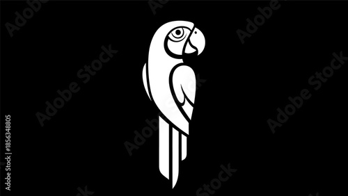 Stylized white parrot illustration on a black background.