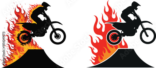 Extreme motocross stunt rider jumping dirt bike through flames on ramp with fire background silhouette vector illustration for sports and adrenaline.