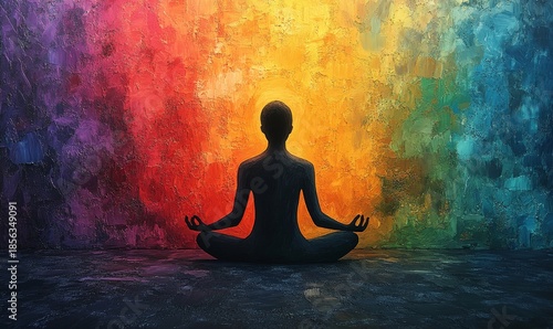 Silhouette of a person meditating on a colorful background, evoking energy, spiritual awakening, and mental health benefits. The vibrant colors represent chakra alignment, Generative AI