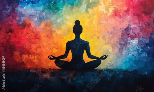 Silhouette of a person meditating on a colorful background, evoking energy, spiritual awakening, and mental health benefits. The vibrant colors represent chakra alignment, Generative AI