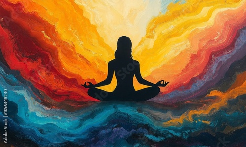 Silhouette of a person meditating on a colorful background, evoking energy, spiritual awakening, and mental health benefits. The vibrant colors represent chakra alignment, Generative AI