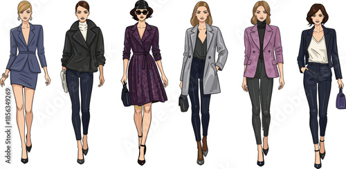 Fashionable women in stylish outfits, chic coats, trendy pants, elegant accessories, modern looks, and urban fashion illustration design.