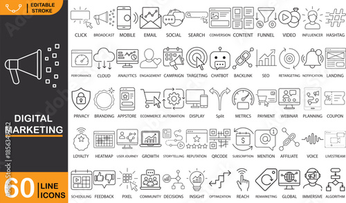Digital Marketing Line Icons Set – Online Advertising, SEO, Analytics, Social Media and more Outline Symbols