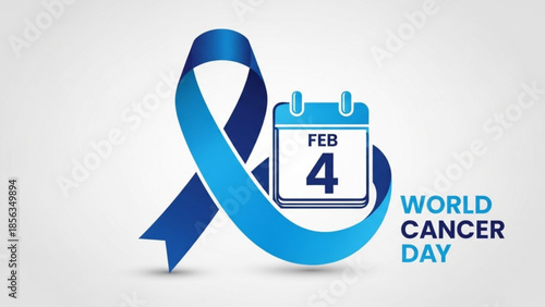 World cancer day awareness symbol with blue ribbon and calendar on february 4th for health campaign
