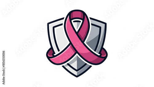 Pink ribbon symbol for breast cancer awareness on gray shield icon for health and support