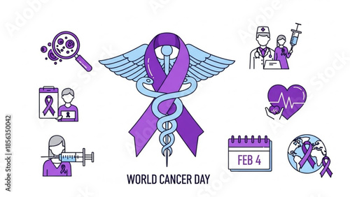World cancer day awareness campaign purple ribbon symbols and icons for health and medical use