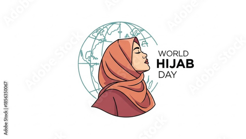 World hijab day illustration with woman wearing orange hijab and globe background