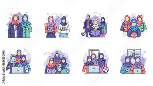 Diverse group of people wearing hijabs working together with laptops and books in colorful flat illustration style