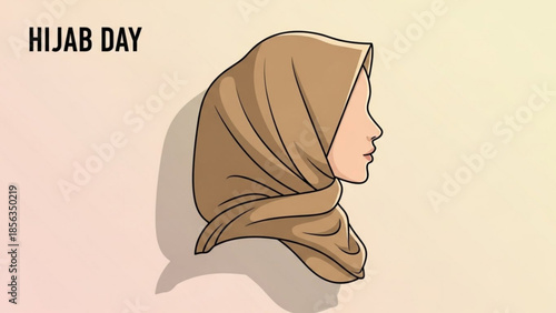 Woman wearing brown hijab headscarf profile view, hijab day, muslim fashion, head wrap, side view, beige background
