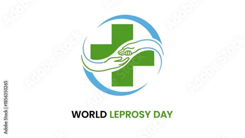 World leprosy day awareness symbol with green cross and helping hands in blue circle