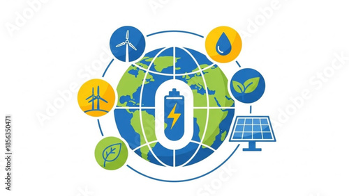 Earth with battery and renewable energy sources icons around it, representing eco friendly power and sustainability globally