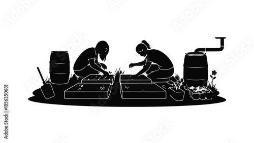 Two people tending to plants in a garden, with barrels and a watering system nearby