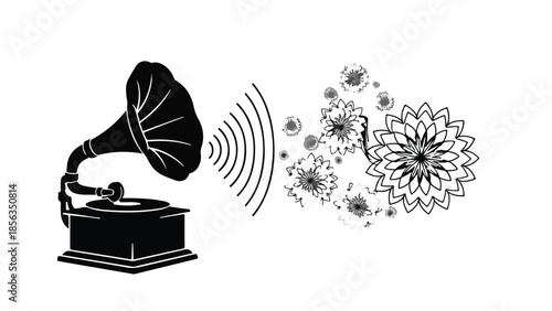 Vintage gramophone emitting sound waves that transform into intricate floral patterns.