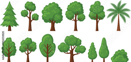 Green Tree Collection Vector Set with Different Forest Park and Tropical Trees Flat Nature Illustration