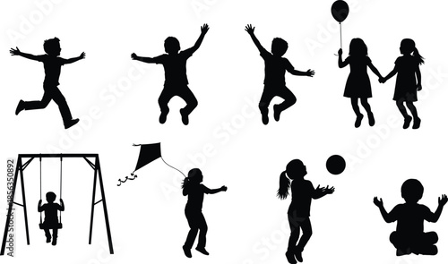 Happy children pure black silhouette illustration playing outdoors, jumping, flying kites, holding balloons, swinging, and enjoying fun childhood activities on white background vector design