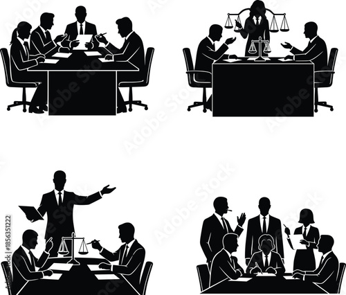 Legal professionals silhouette set showing courtroom discussion, justice scales, lawyer presentation, formal meeting, and law consultation in black vector style.