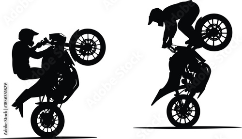 Motorcycle Stunt Silhouettes Performing Wheelies, Extreme Rider Poses, High-Speed Acrobatics, Biker Control and Precision Vector Illustration for Sports Themes