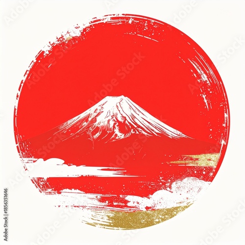 富士山の日本、和風イメージのイラスト素材（日の丸、白背景）