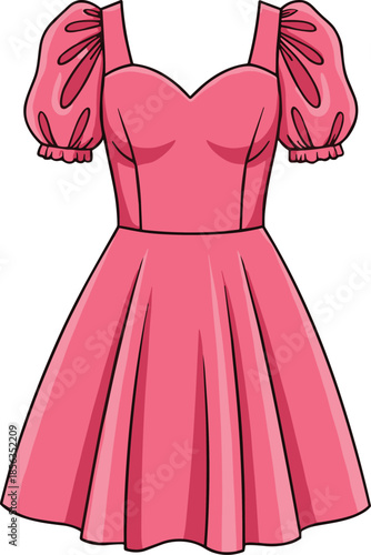 Pink puff sleeve dress with sweetheart neckline, flared skirt, vintage-inspired fashion vector illustration for stylish feminine formal wear design