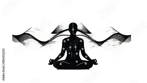 Meditating silhouette with glowing chakra symbols, radiating energy and inner peace