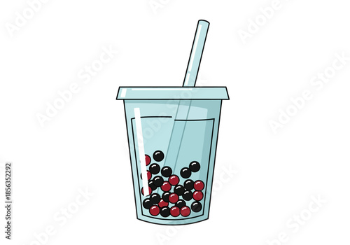 Illustration of a refreshing bubble tea drink with tapioca pearls.