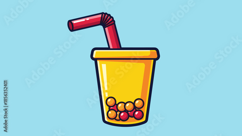 Cartoon Boba Tea Illustration with Straw and Tapioca Pearls.