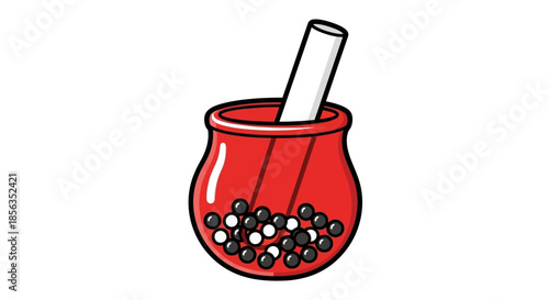 Cartoon Illustration of Boba Tea with Straw in Red Cup.