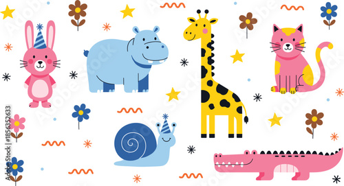 Cute Cartoon Animal Characters Vector Set with Giraffe Hippo Rabbit Cat Crocodile and Snail in Flat Style