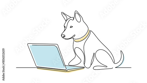 Dog Using Laptop - Continuous Line Drawing of a Canine Companion.