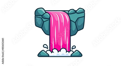 Cartoon illustration of a pink waterfall cascading over rocks.