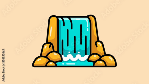 Cartoon Waterfall Illustration with Rocks and Flowing Water.