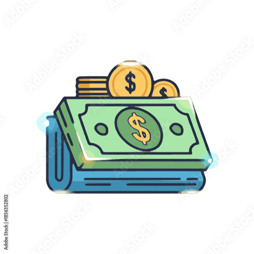 A wallet overflowing with cash and coins, symbolizing financial abundance and prosperity