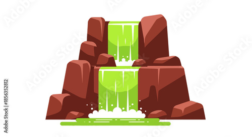 Cartoon Waterfall Cascading Down Brown Rocks in a Lush Landscape.