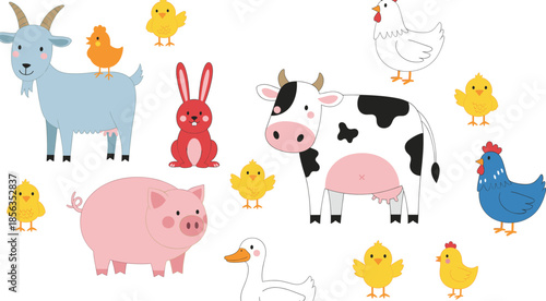 Cute Farm Animals Vector Set with Cow Pig Goat Chicken Duck Rabbit and Baby Chicks Cartoon Illustration