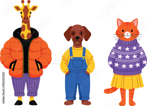 Cute Fashion Animal Characters Vector Illustration Set with Giraffe Dog and Cat in Modern Clothes