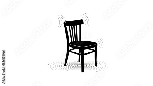 Black silhouette of a vibrating wooden chair with concentric circles indicating movement and sound.