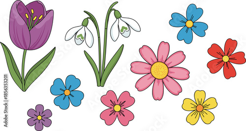Cute Spring Flower Elements Vector Set with Tulip Snowdrop and Colorful Blooming Floral Cartoon Illustration
