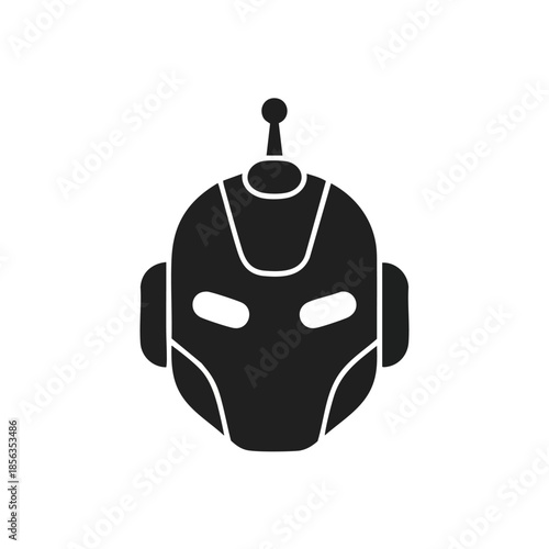 A black and white illustration of a robot head with a distinctive fin on top, against a plain white background.