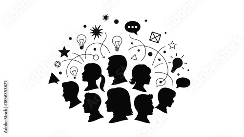 Diverse group of silhouetted heads surrounded by ideas and communication symbols